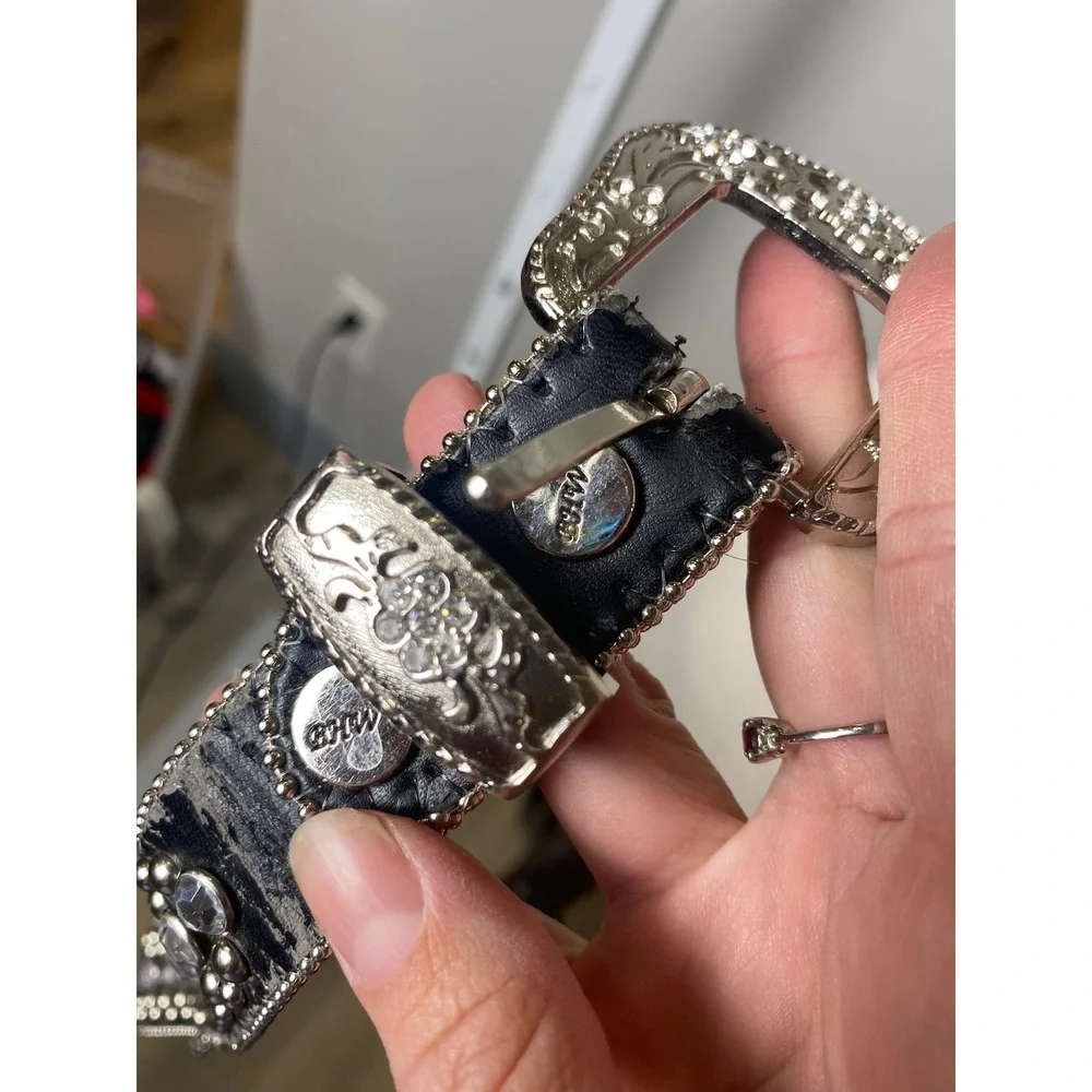 BHW Black Leather Western Belt Crystal Studded Silver Buckle Y2K Cowgirl